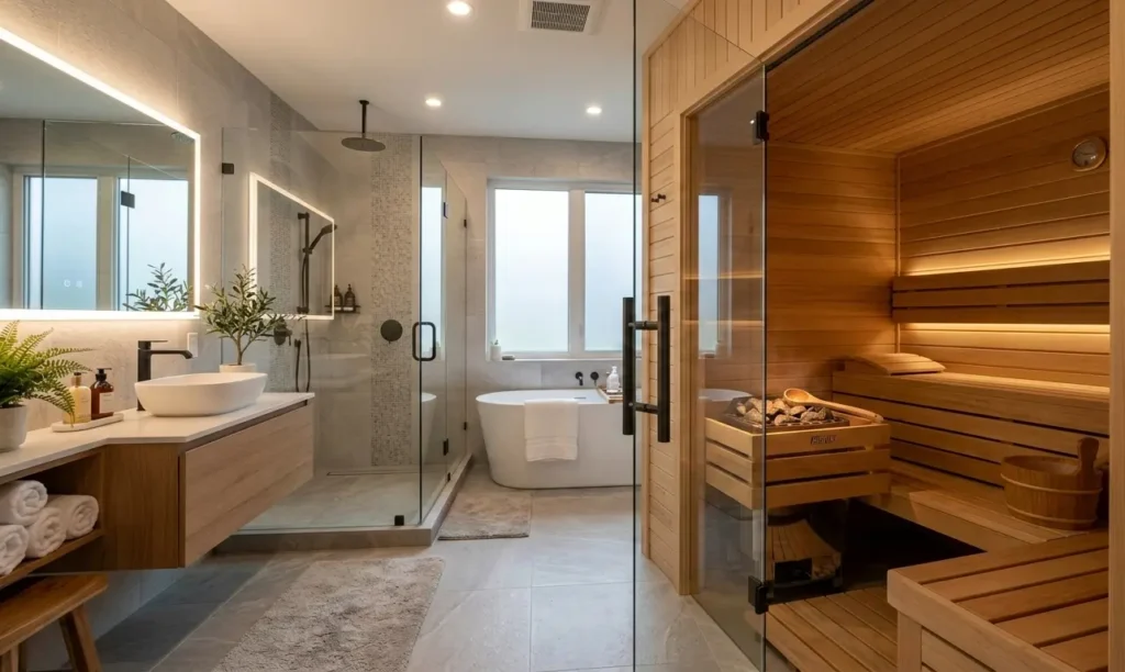 luxury home spa sauna room with wooden benches and glass enclosure