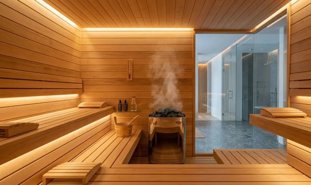 small home sauna room with wooden walls benches and sauna heater